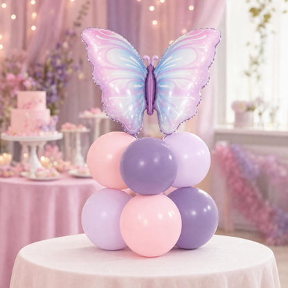 Purple Butterfly balloon tower: 8 latex balloons topped with a Purple Butterfly foil