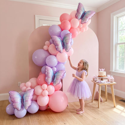 Purple Butterfly balloon garland styled at a party