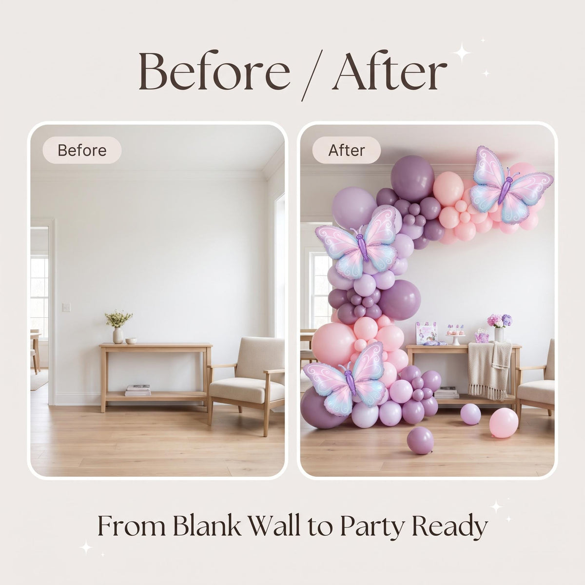 Before and after: a blank wall and the same wall with the Purple Butterfly balloon garland