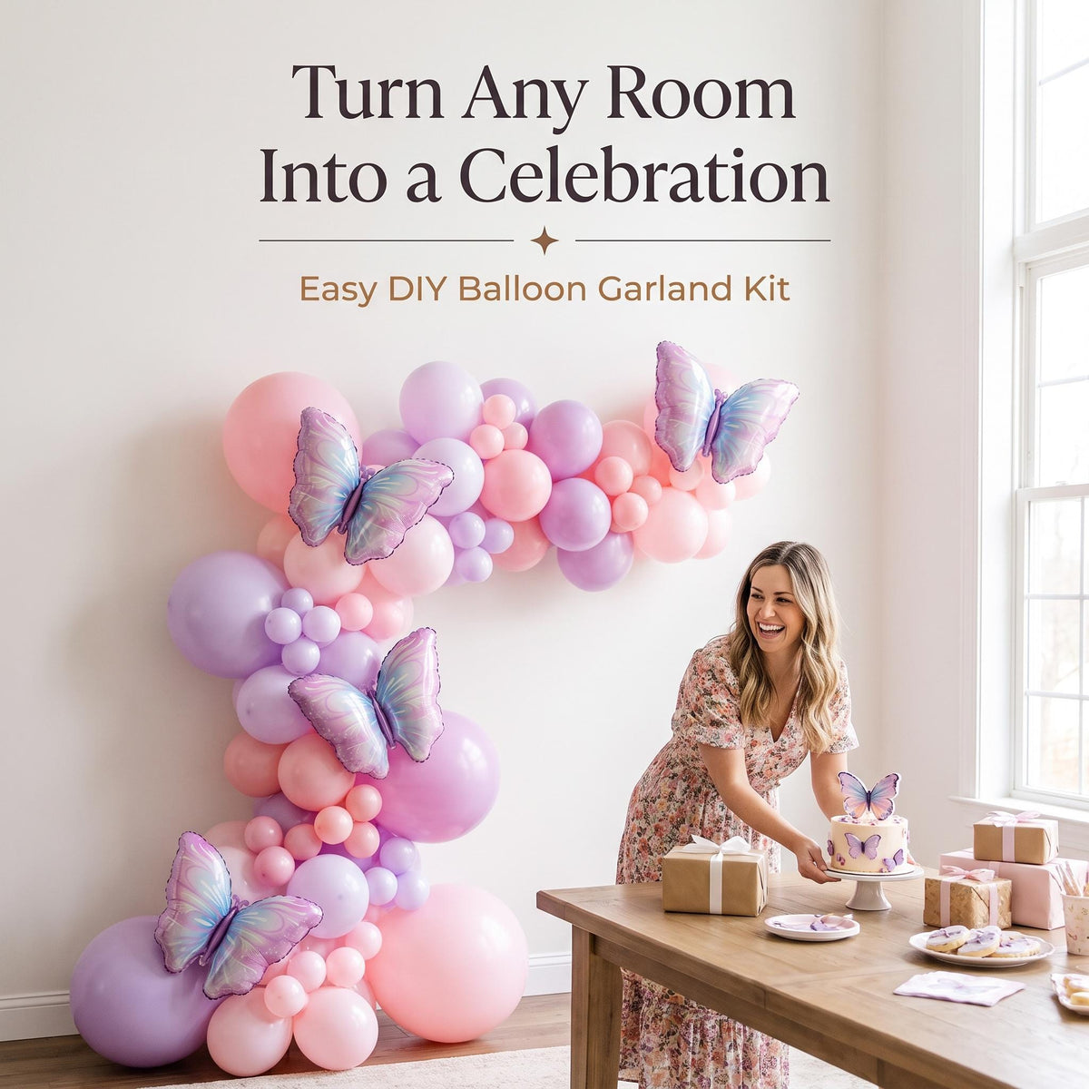 Purple Butterfly balloon garland party setup