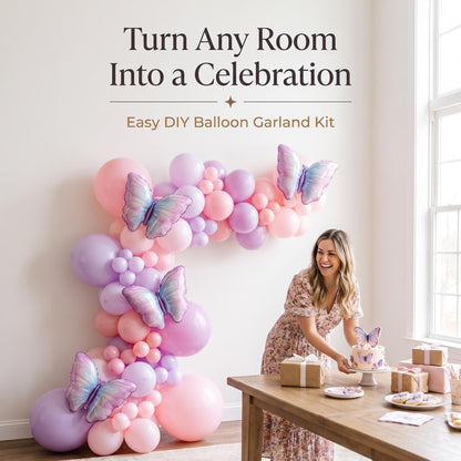 Purple Butterfly balloon garland party setup