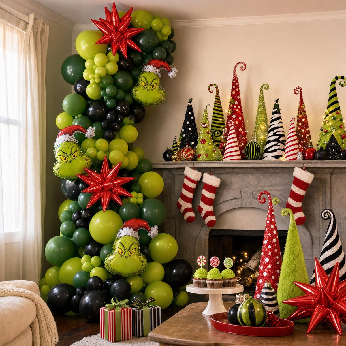 Grinch Whoville Christmas (Licensed) balloon garland installed on a wall at home