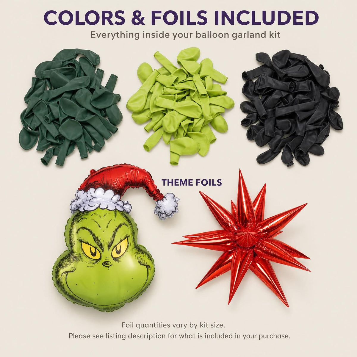 Latex colors and foil balloons included in the Grinch Whoville Christmas (Licensed) balloon garland kit