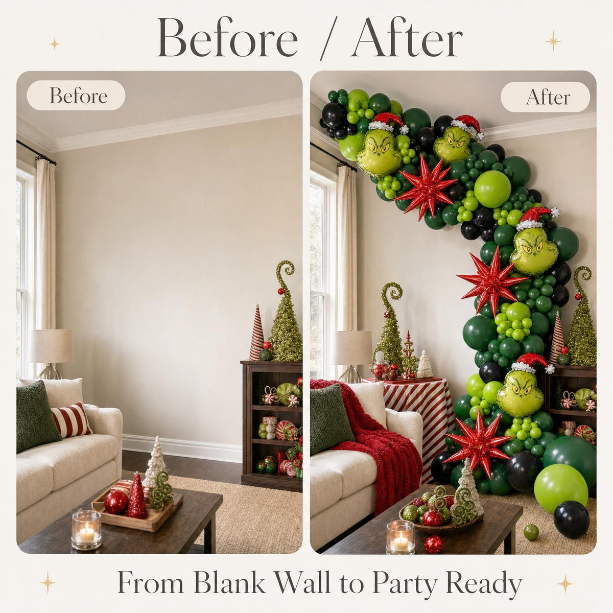 Before and after: a blank wall and the same wall with the Grinch Whoville Christmas (Licensed) balloon garland