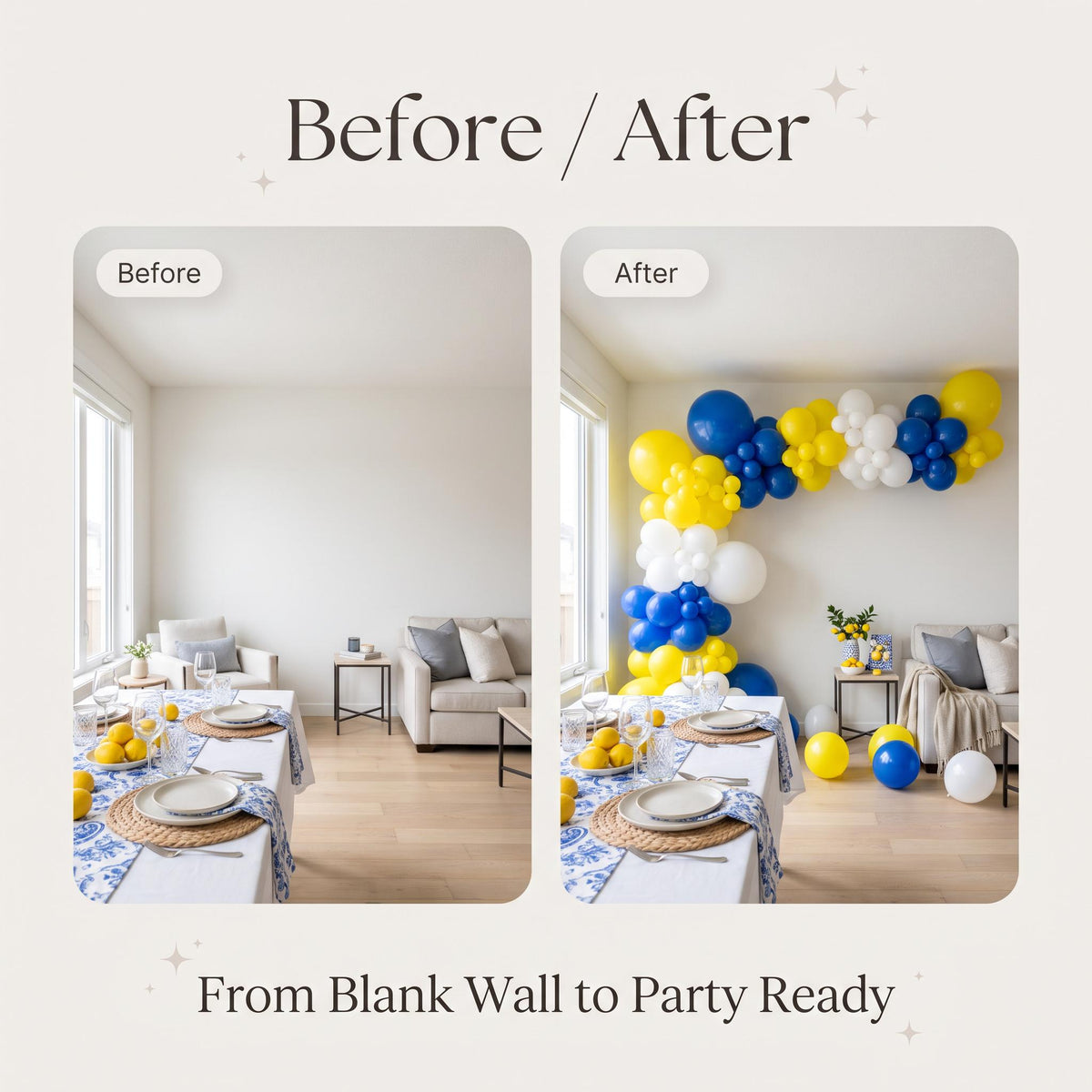 Before and after: a blank wall and the same wall with the Amalfi Coast balloon garland