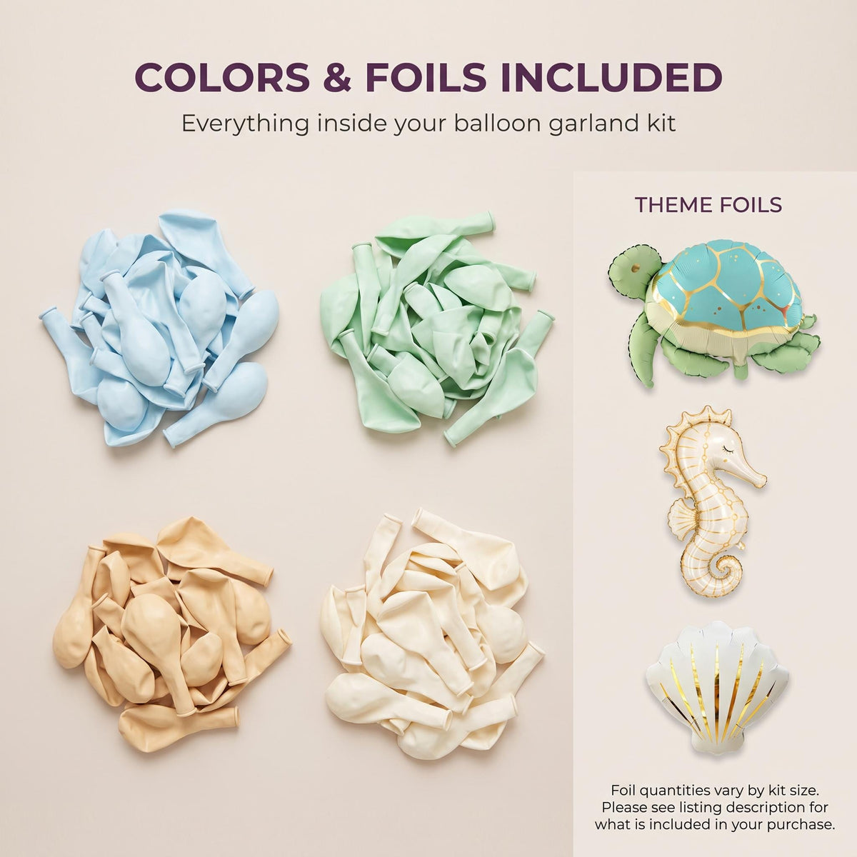 Latex colors and foil balloons included in the Sea You Soon (Turtle) balloon garland kit