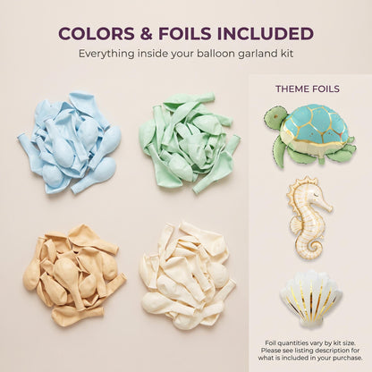 Latex colors and foil balloons included in the Sea You Soon (Turtle) balloon garland kit
