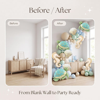 Before and after: a blank wall and the same wall with the Sea You Soon (Turtle) balloon garland