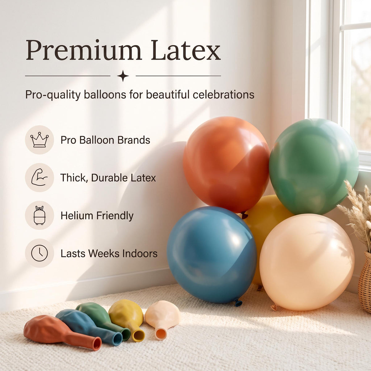 Premium latex balloons in the Boho Party Animals kit colors
