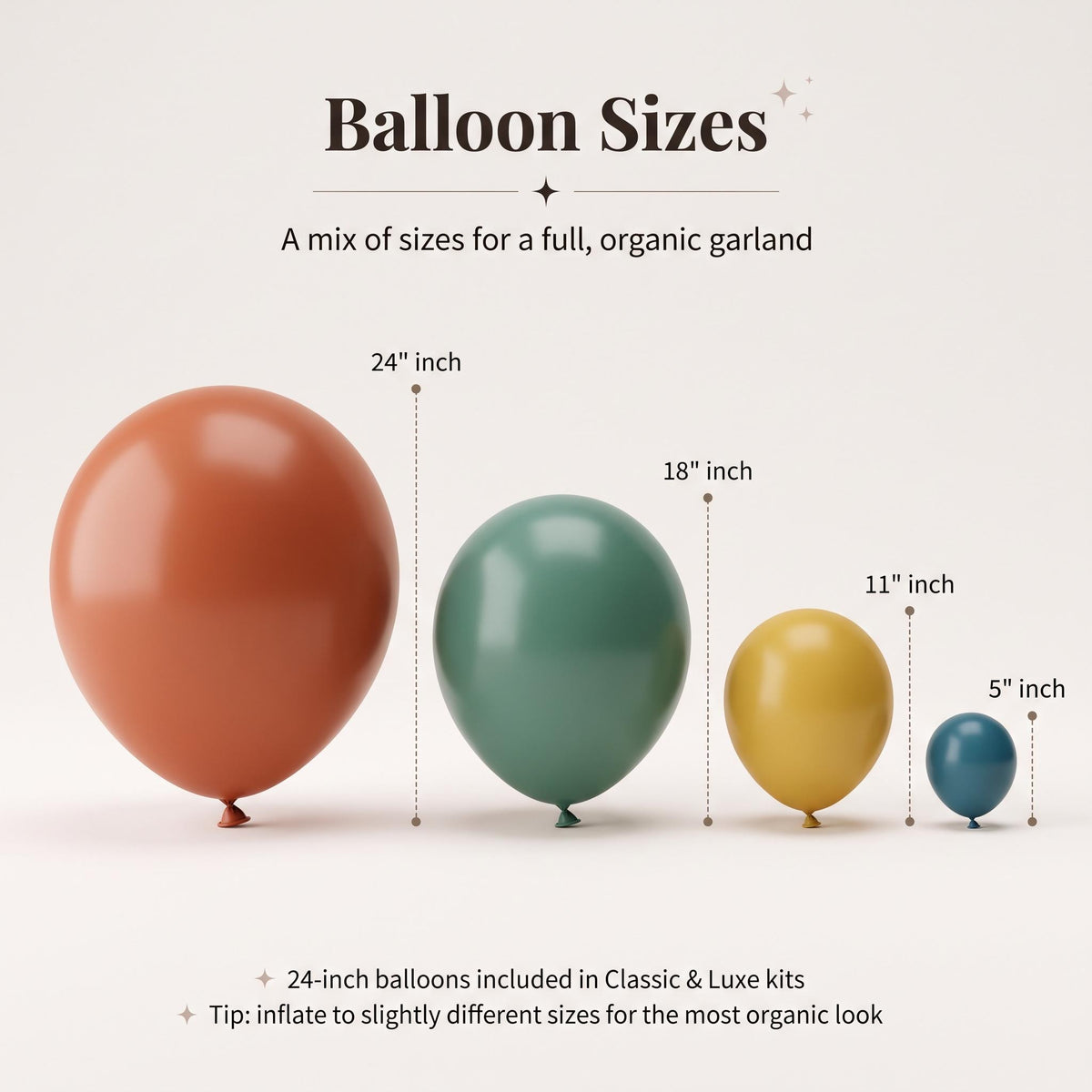 24, 18, 11 and 5 inch balloons in the Boho Party Animals kit colors