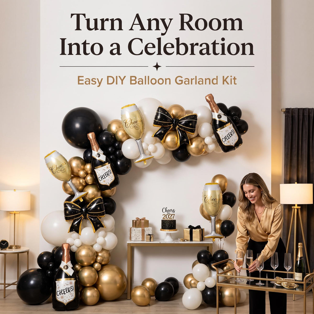 Cheers To 2027 balloon garland party setup