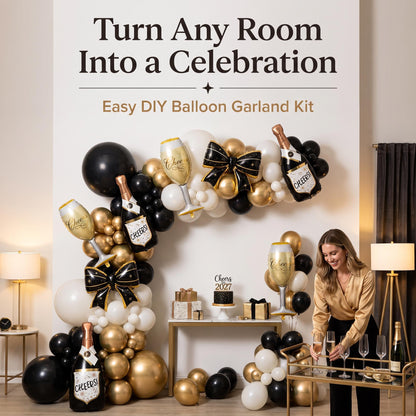 Cheers To 2027 balloon garland party setup