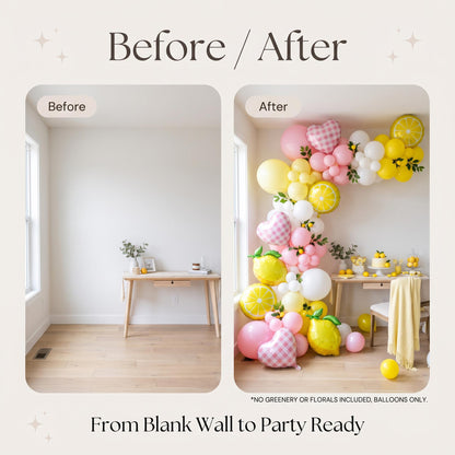 Before and after: a blank wall and the same wall with the Freshly Squeezed balloon garland