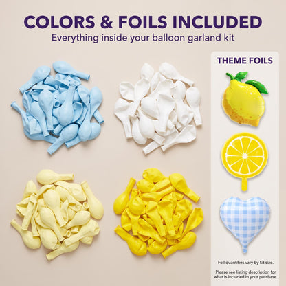 Latex colors and foil balloons included in the Freshly Squeezed (Blue) balloon garland kit