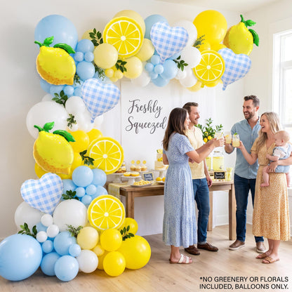 Freshly Squeezed (Blue) balloon garland styled at a party