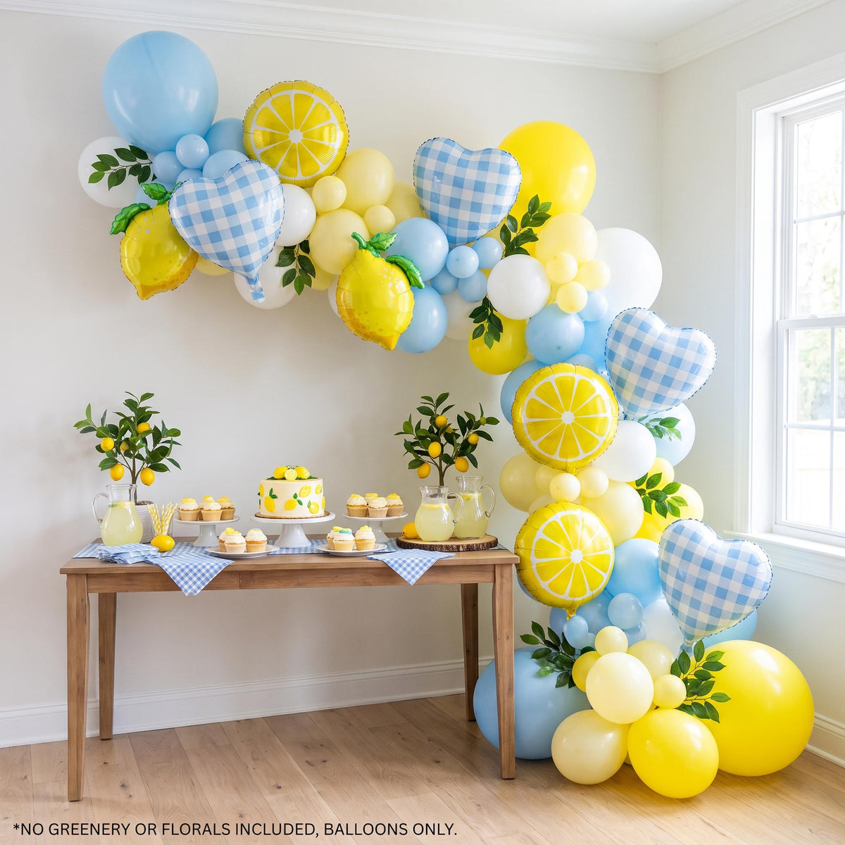 Freshly Squeezed (Blue) balloon garland installed on a wall at home