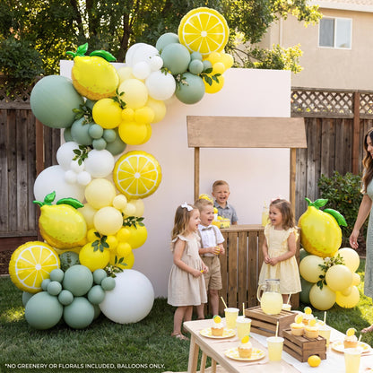 Freshly Squeezed (Eucalyptus) balloon garland styled at a party
