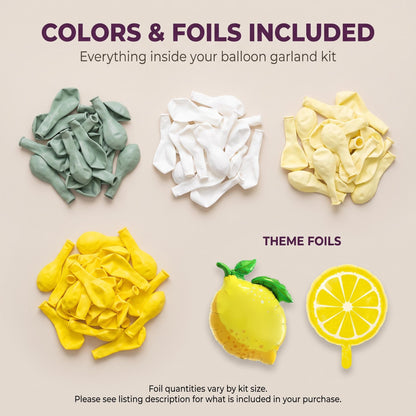 Latex colors and foil balloons included in the Freshly Squeezed (Eucalyptus) balloon garland kit