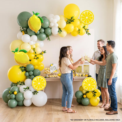 Freshly Squeezed (Eucalyptus) balloon garland styled at a party