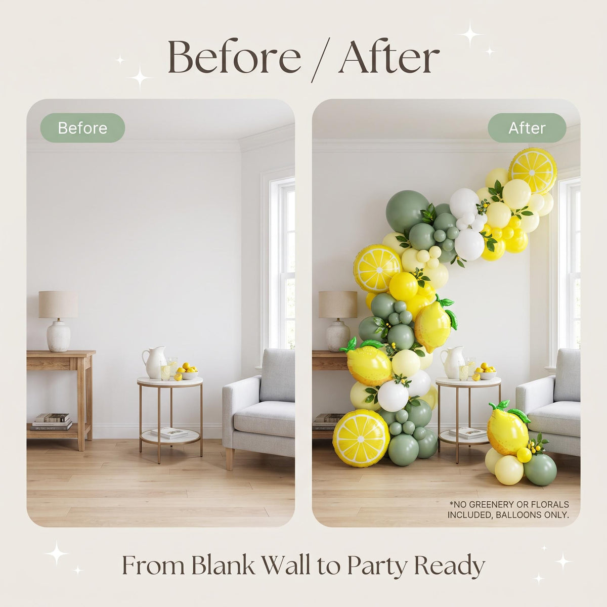 Before and after: a blank wall and the same wall with the Freshly Squeezed (Eucalyptus) balloon garland