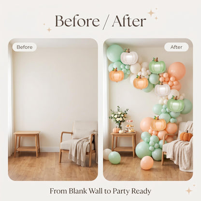 Before and after: a blank wall and the same wall with the A Little Pumpkin Is On The Way balloon garland