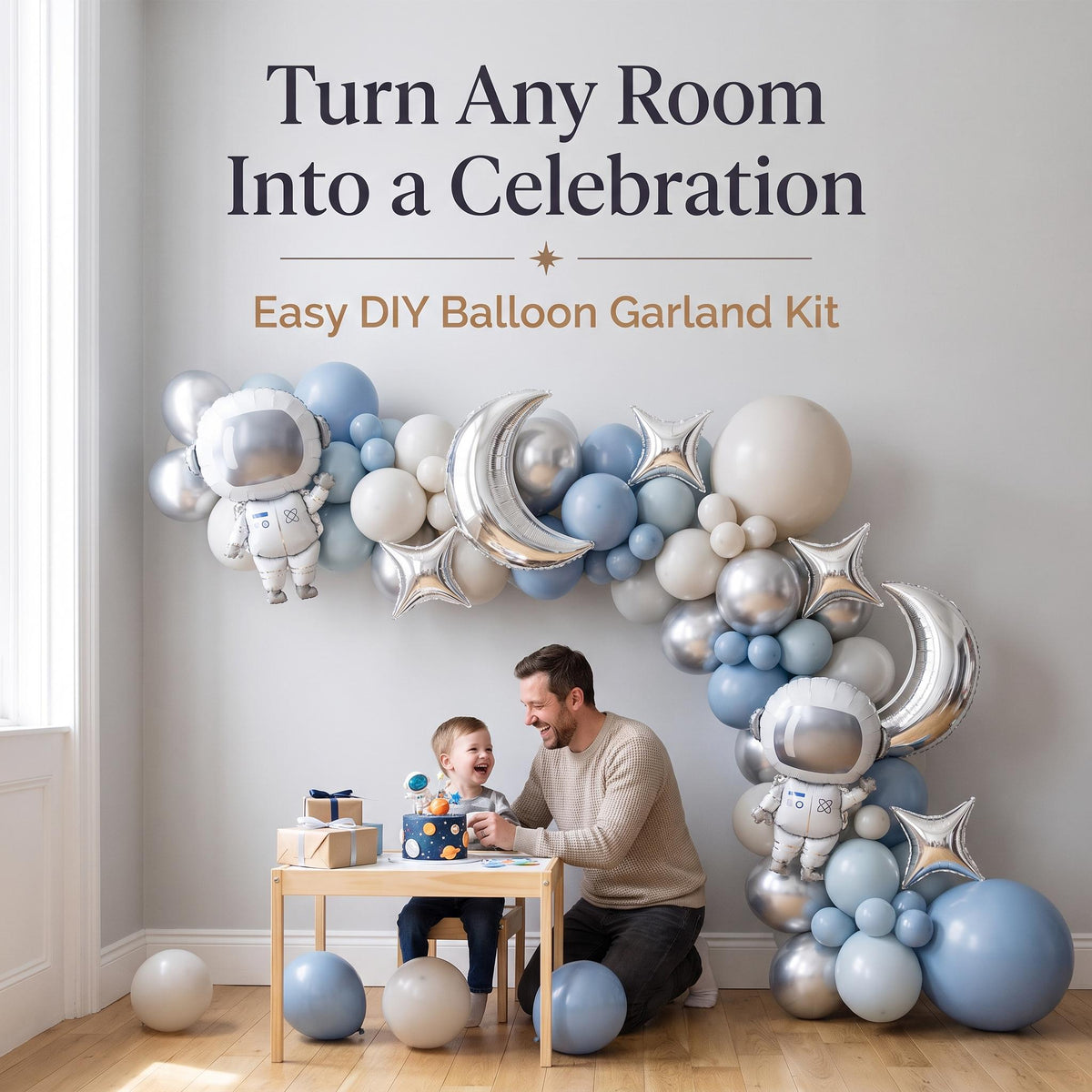 Space Astronaut balloon garland party setup
