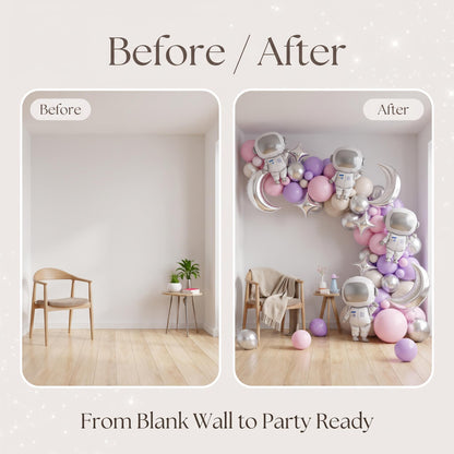 Before and after: a blank wall and the same wall with the Pink Space Astronaut balloon garland
