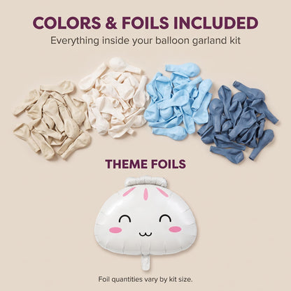 Latex colors and foil balloons included in the Our Little Dumpling (Blue) balloon garland kit