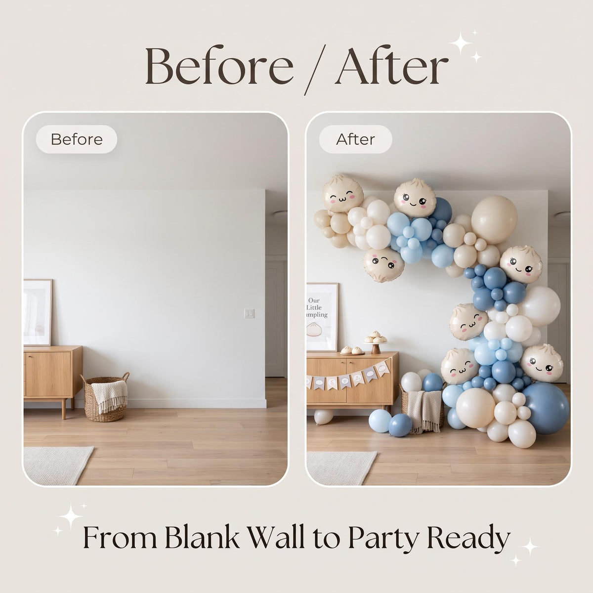 Before and after: a blank wall and the same wall with the Our Little Dumpling (Blue) balloon garland