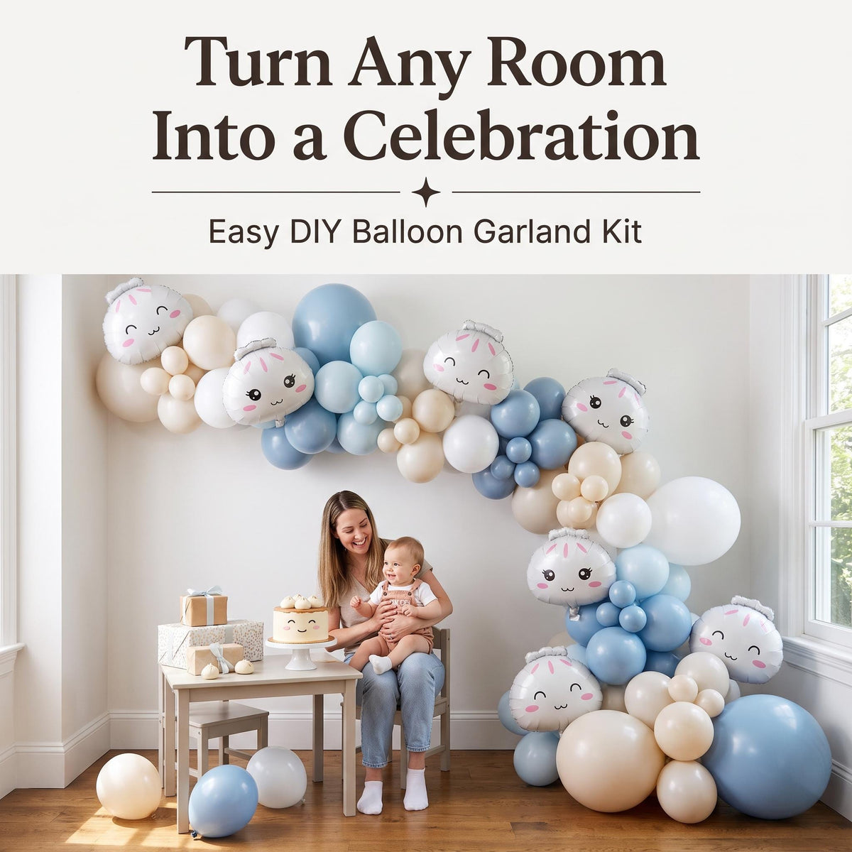 Our Little Dumpling (Blue) balloon garland party setup