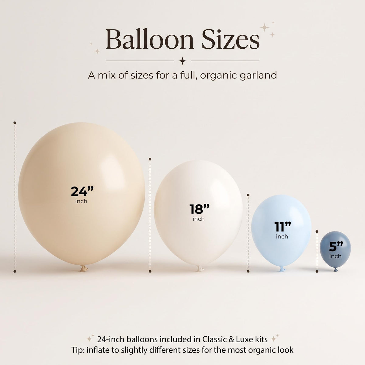 24, 18, 11 and 5 inch balloons in the Our Little Dumpling (Blue) kit colors