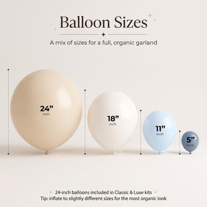 24, 18, 11 and 5 inch balloons in the Our Little Dumpling (Blue) kit colors