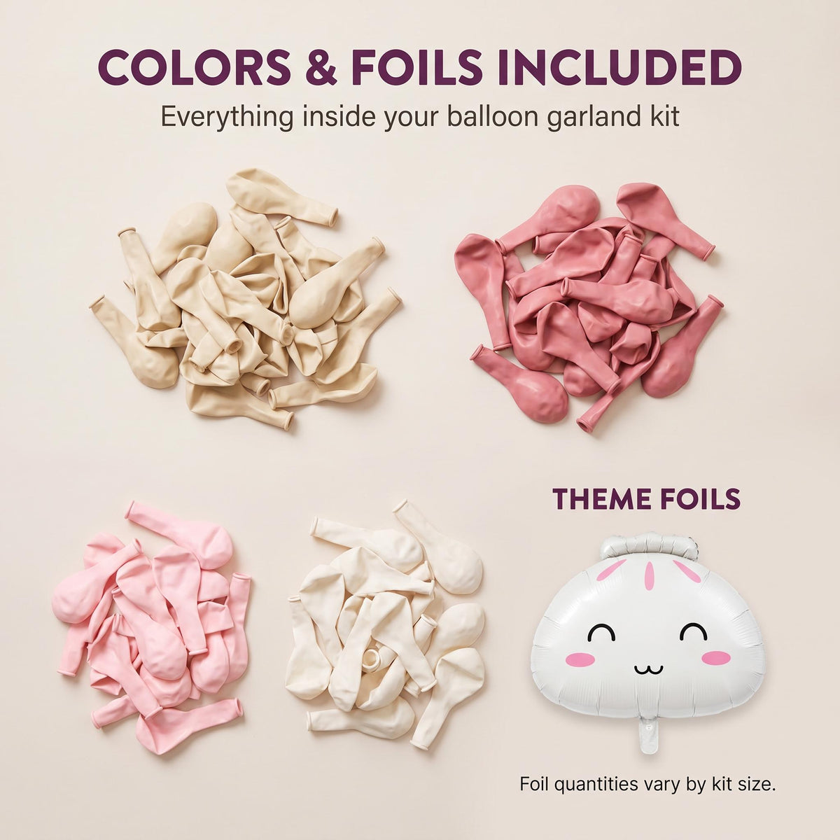 Latex colors and foil balloons included in the Our Little Dumpling balloon garland kit