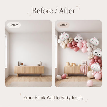 Before and after: a blank wall and the same wall with the Our Little Dumpling balloon garland