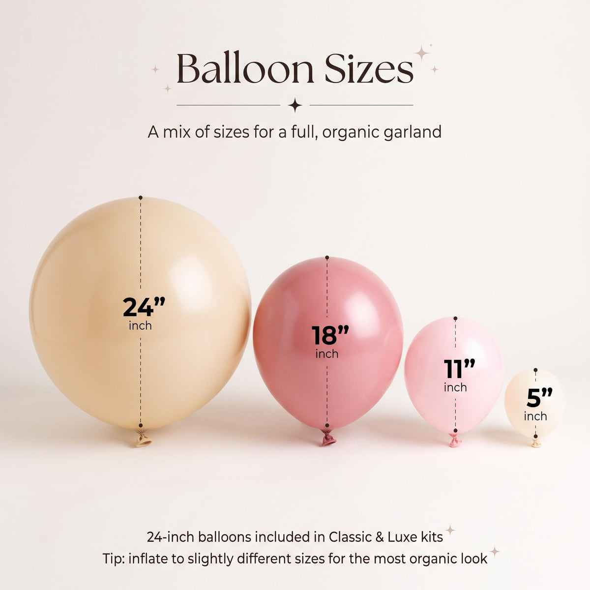 24, 18, 11 and 5 inch balloons in the Our Little Dumpling kit colors