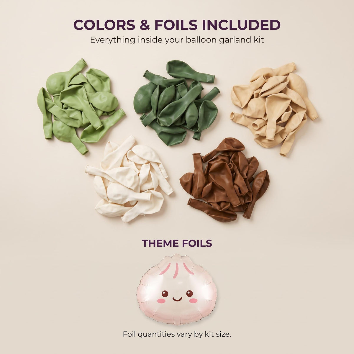 Latex colors and foil balloons included in the Our Little Dumpling (Matcha) balloon garland kit