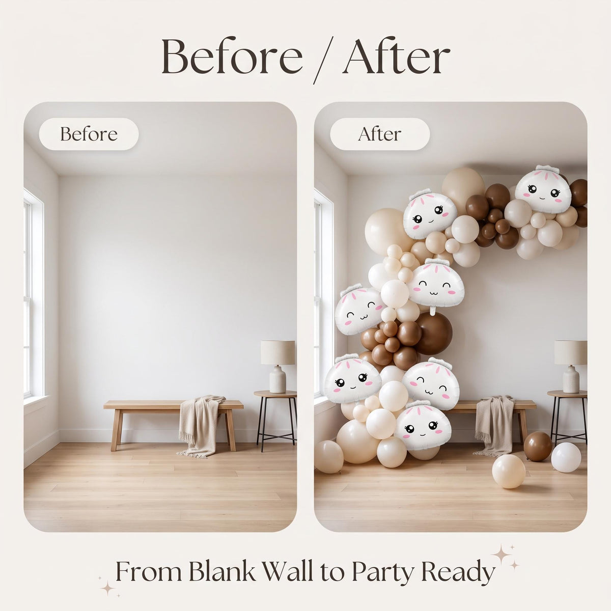 Before and after: a blank wall and the same wall with the Our Little Dumpling (Neutral) balloon garland