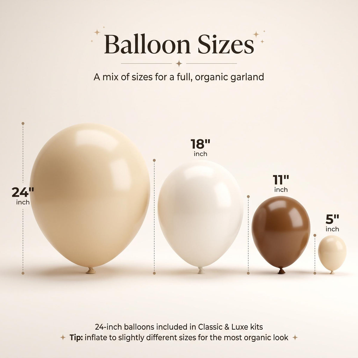 24, 18, 11 and 5 inch balloons in the Our Little Dumpling (Neutral) kit colors