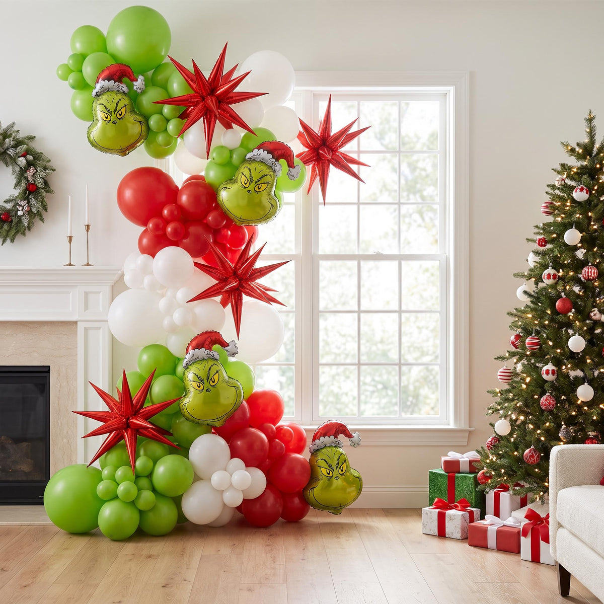 Grinchmas Red & White (Licensed) balloon garland installed on a wall at home