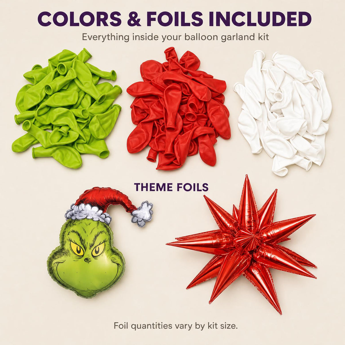 Latex colors and foil balloons included in the Grinchmas Red & White (Licensed) balloon garland kit