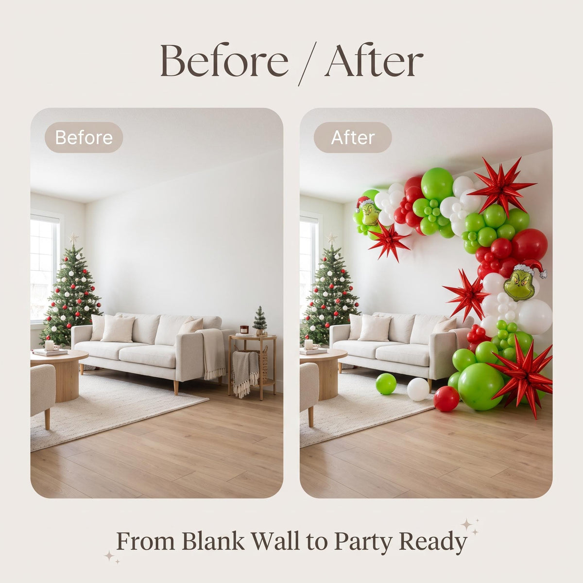 Before and after: a blank wall and the same wall with the Grinchmas Red & White (Licensed) balloon garland