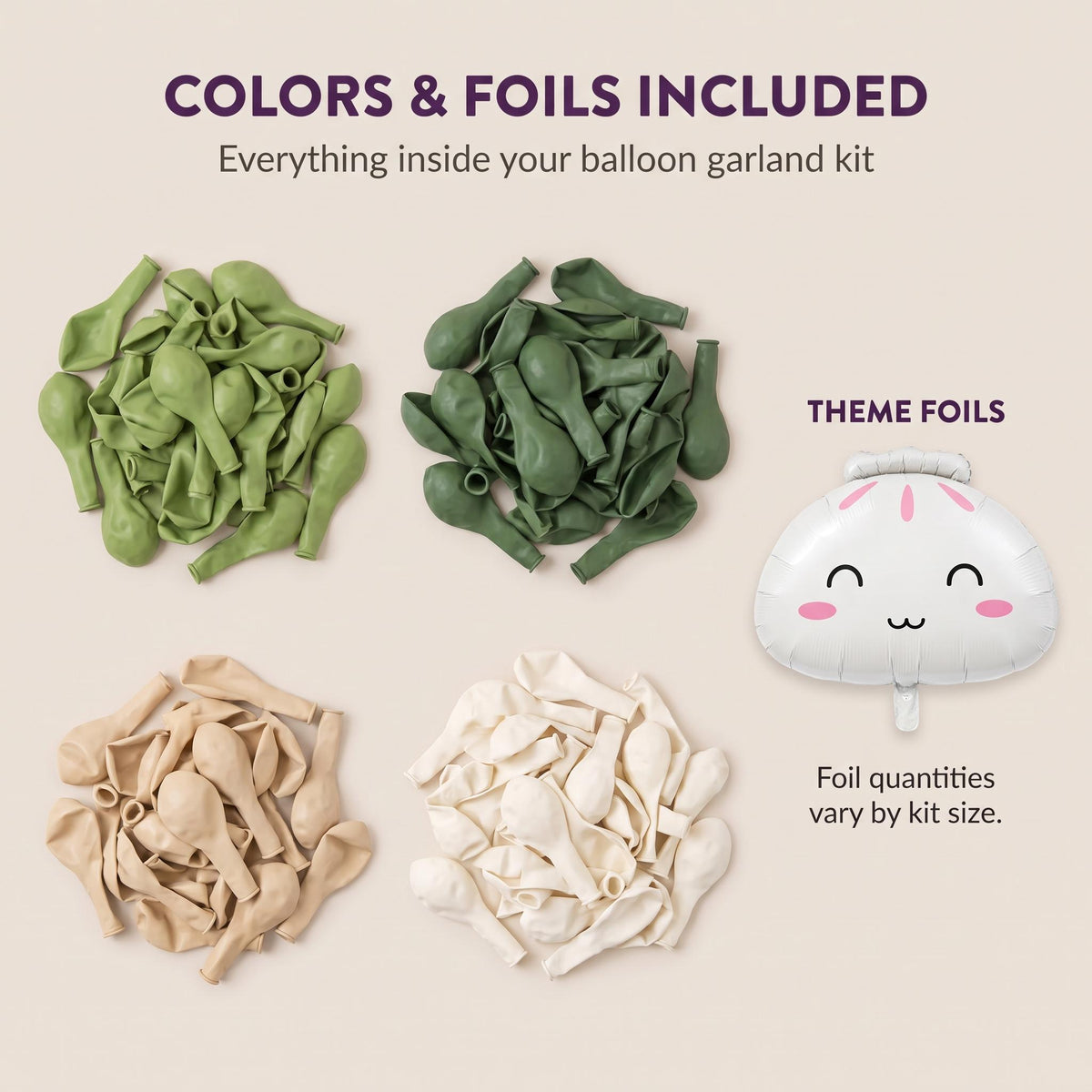 Latex colors and foil balloons included in the Our Little Dumpling (Matcha Cream) balloon garland kit