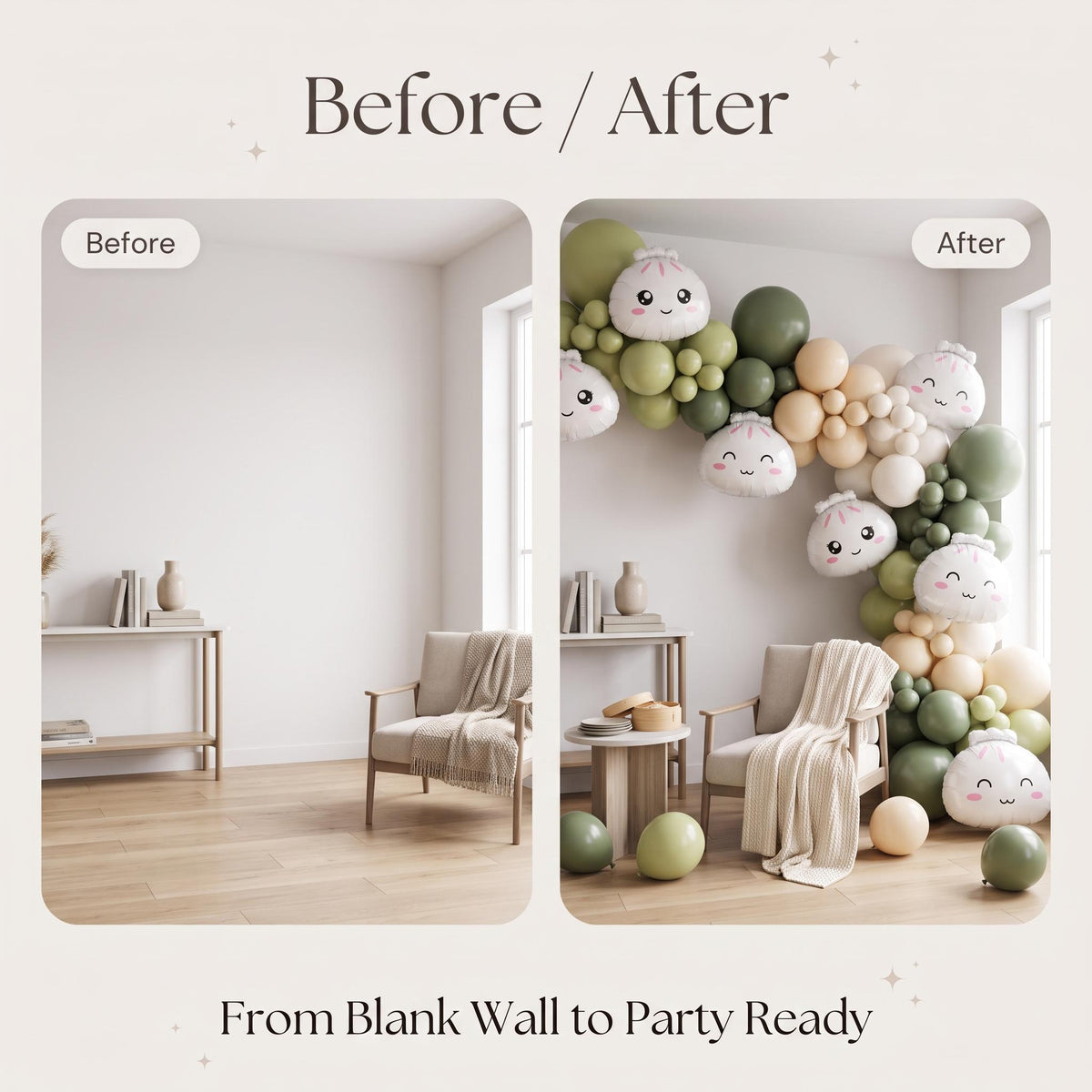 Before and after: a blank wall and the same wall with the Our Little Dumpling (Matcha Cream) balloon garland