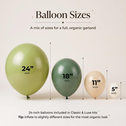 24, 18, 11 and 5 inch balloons in the Our Little Dumpling (Matcha Cream) kit colors