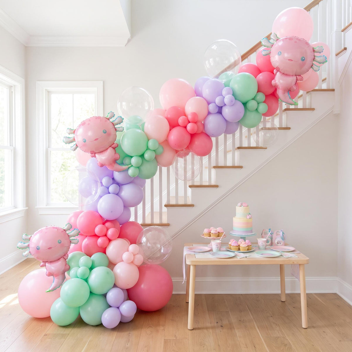 Pastel Axolotl balloon garland installed on a wall at home