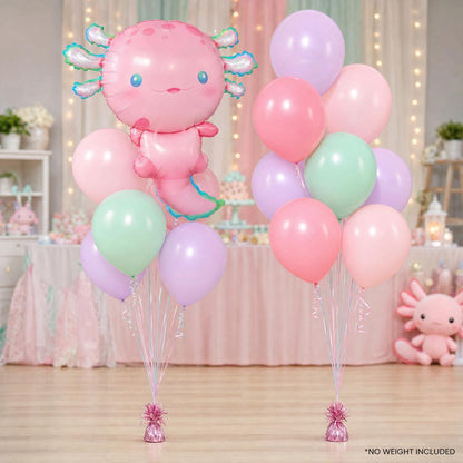 Pastel Axolotl foil balloon bouquet and latex-only balloon bouquet