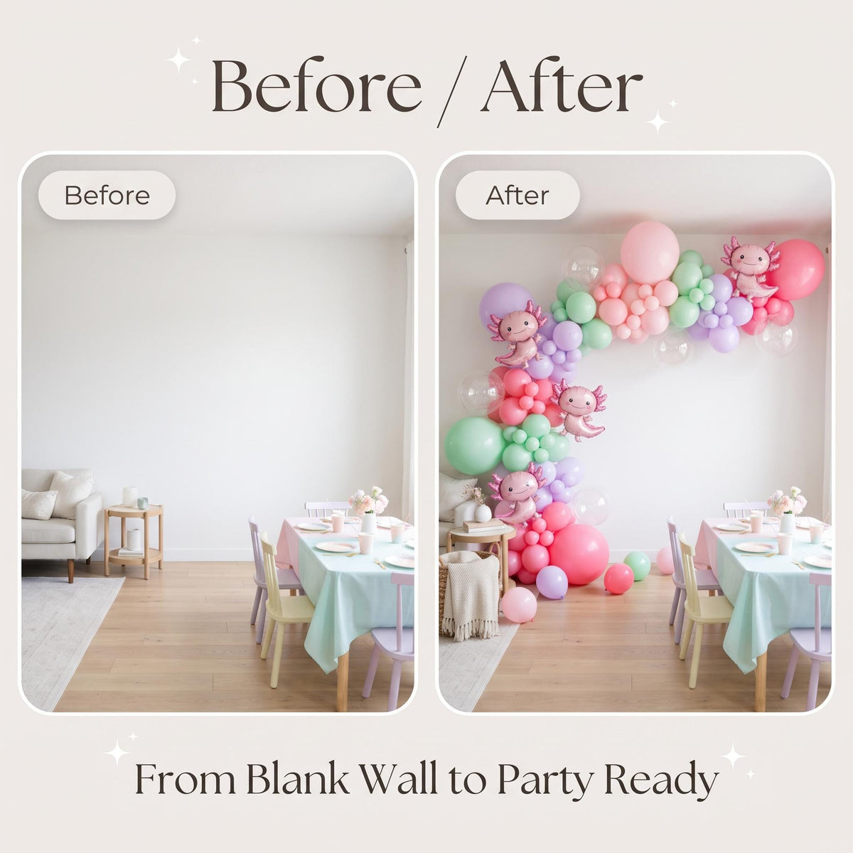 Before and after: a blank wall and the same wall with the Pastel Axolotl balloon garland