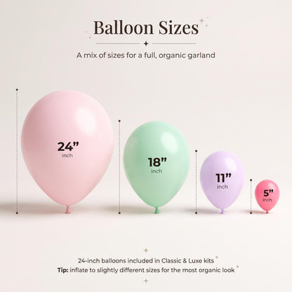 24, 18, 11 and 5 inch balloons in the Pastel Axolotl kit colors