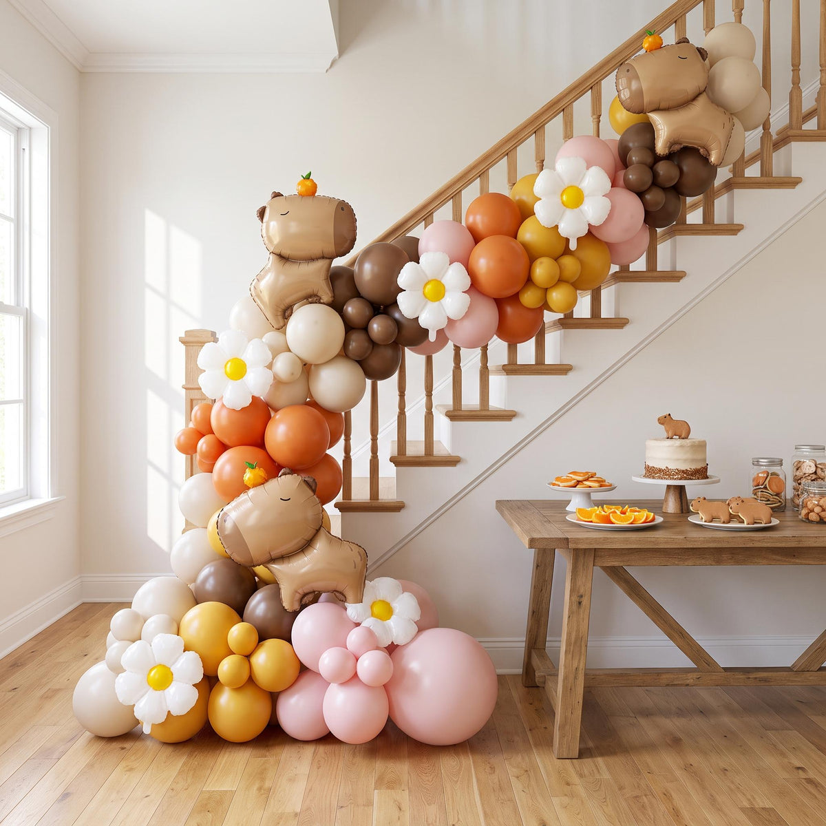 Chill Capybara (Pink Daisy) balloon garland installed on a wall at home