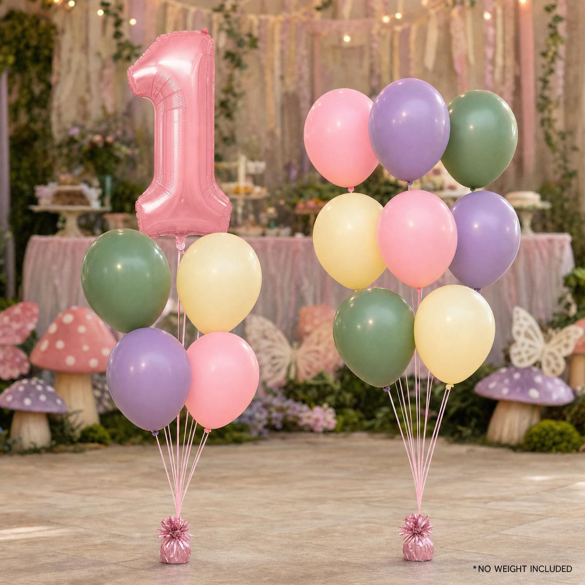Fairy First Birthday foil balloon bouquet and latex-only balloon bouquet